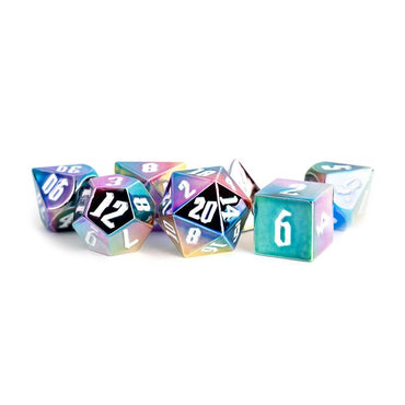 7 COUNT ALUMINUM-PLATED ACRYLIC-METAL DICE 16MM: RAINBOW AEGIS WITH WHITE NUMBERS