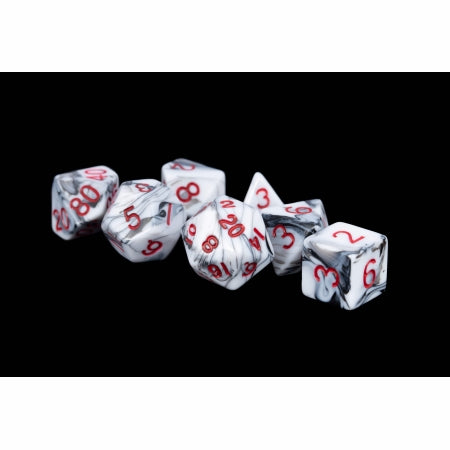 7 COUNT DICE POLY SET: 16MM MARBLE WITH RED NUMBERS