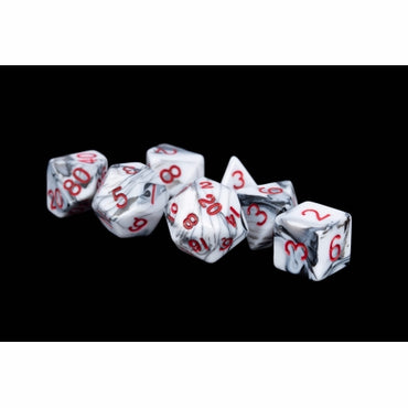 7 COUNT DICE POLY SET: 16MM MARBLE WITH RED NUMBERS