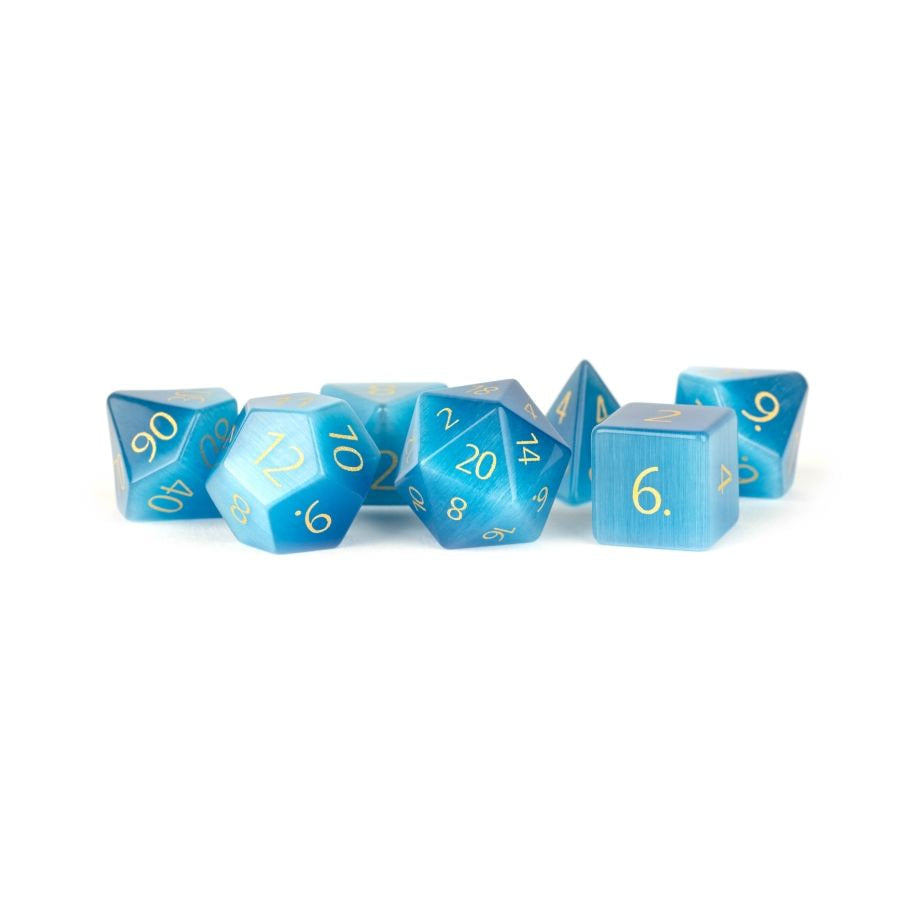 7 COUNT DICE POLY SET: 16MM STONE: ENGRAVED CATSEYE AQUAMARINE