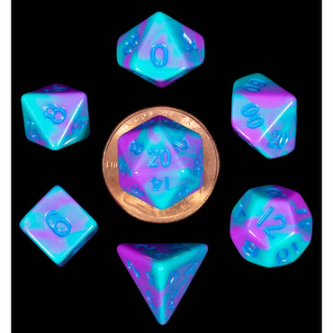 7 Count Dice Mini Acrylic Set: Purple/Teal w/ Blue Numbers